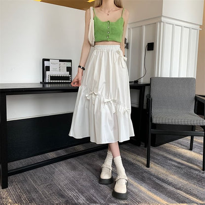 High Waist Plain Bow Midi A-Line Skirt
