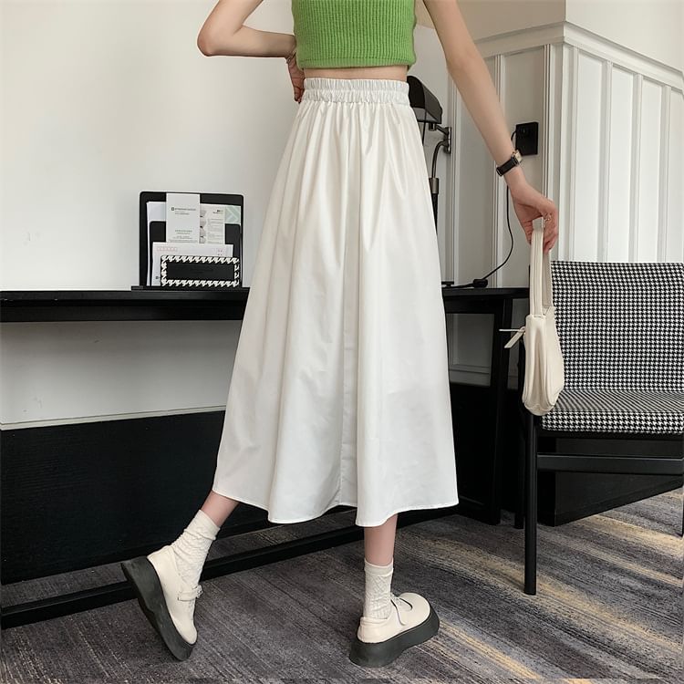 High Waist Plain Bow Midi A-Line Skirt