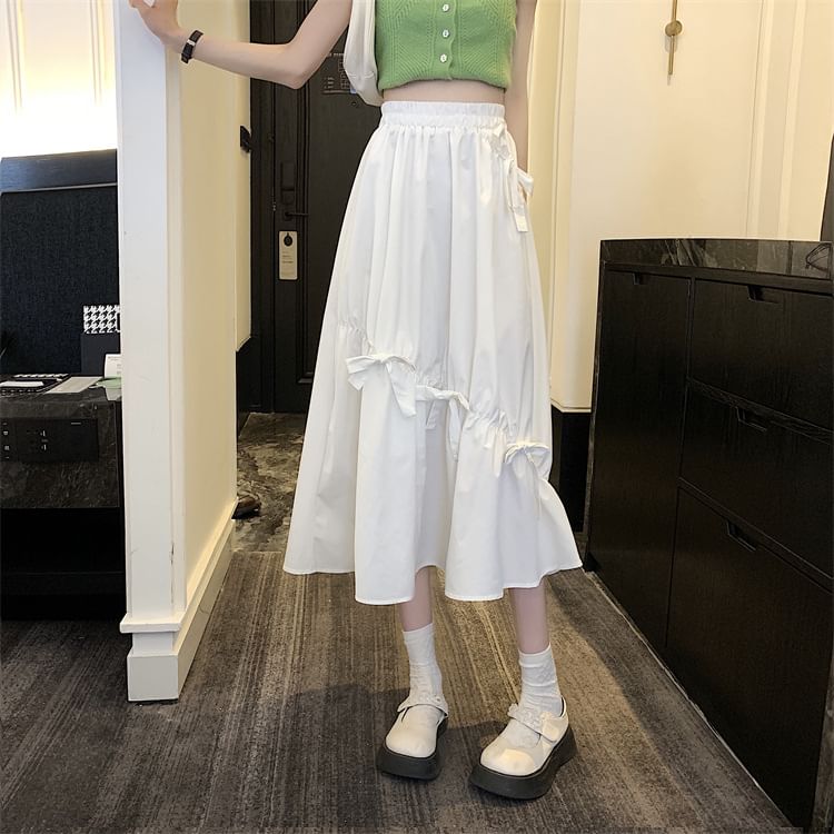 High Waist Plain Bow Midi A-Line Skirt
