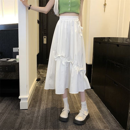 High Waist Plain Bow Midi A-Line Skirt