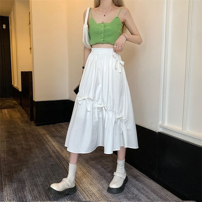 High Waist Plain Bow Midi A-Line Skirt