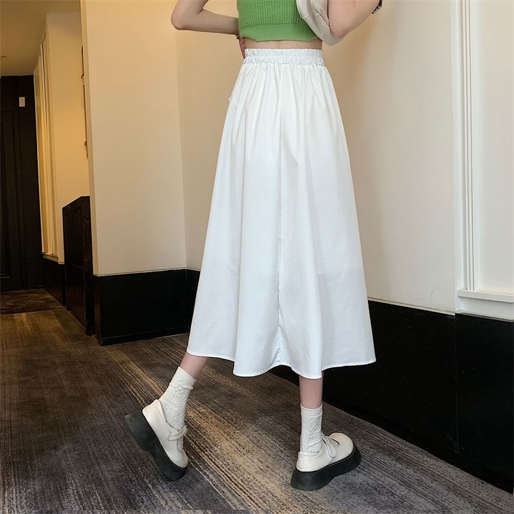 High Waist Plain Bow Midi A-Line Skirt