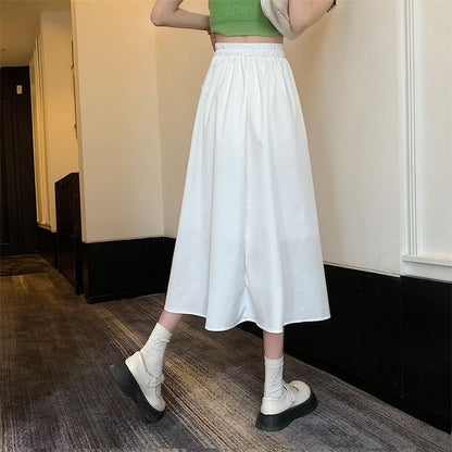 High Waist Plain Bow Midi A-Line Skirt