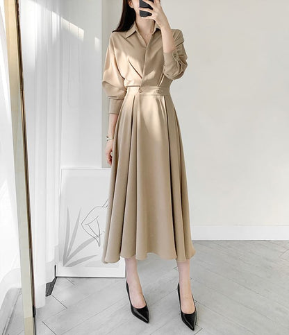 Long Sleeve Collared Plain Double Breasted Midi A-Line Shirt Dress