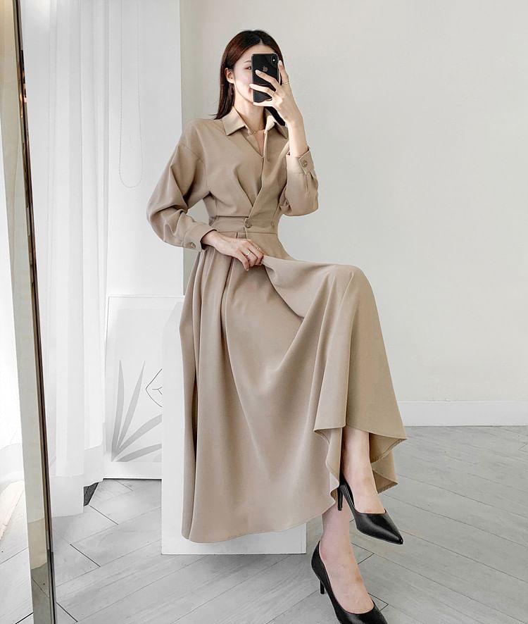 Long Sleeve Collared Plain Double Breasted Midi A-Line Shirt Dress