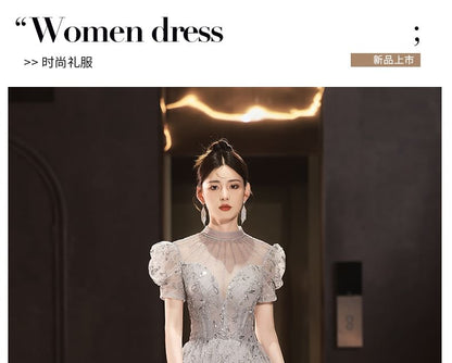 Rhinestone Short-Sleeve A-Line Gown Evening