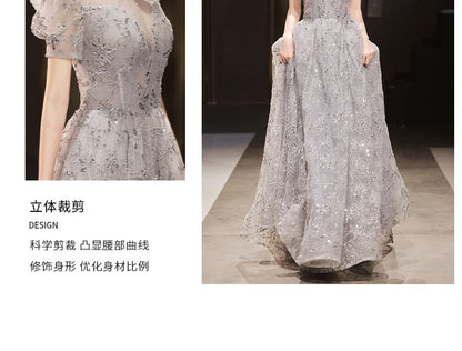 Rhinestone Short-Sleeve A-Line Gown Evening