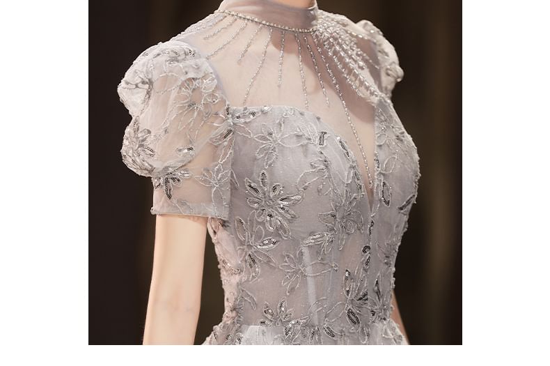 Rhinestone Short-Sleeve A-Line Gown Evening