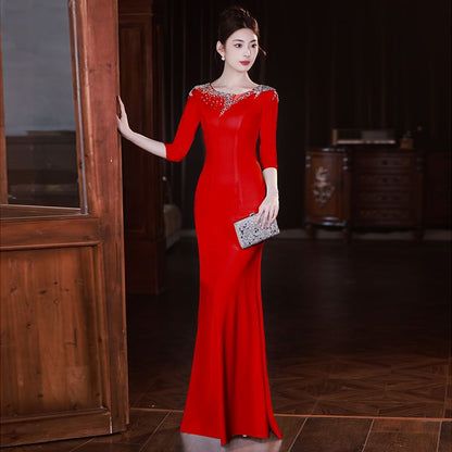 Evening Neck Mermaid Scoop Gown Rhinestone 3/4-Sleeve