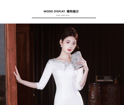 Evening Neck Mermaid Scoop Gown Rhinestone 3/4-Sleeve