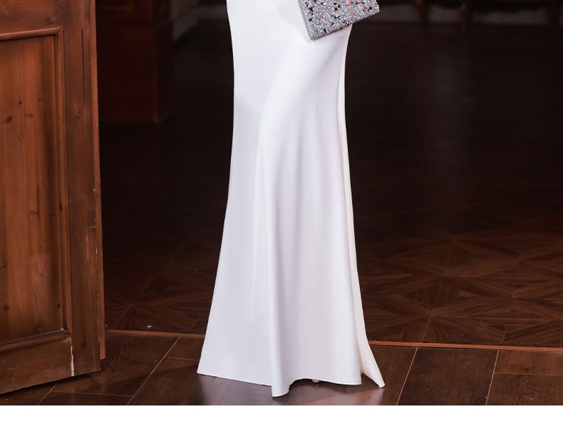 Evening Neck Mermaid Scoop Gown Rhinestone 3/4-Sleeve