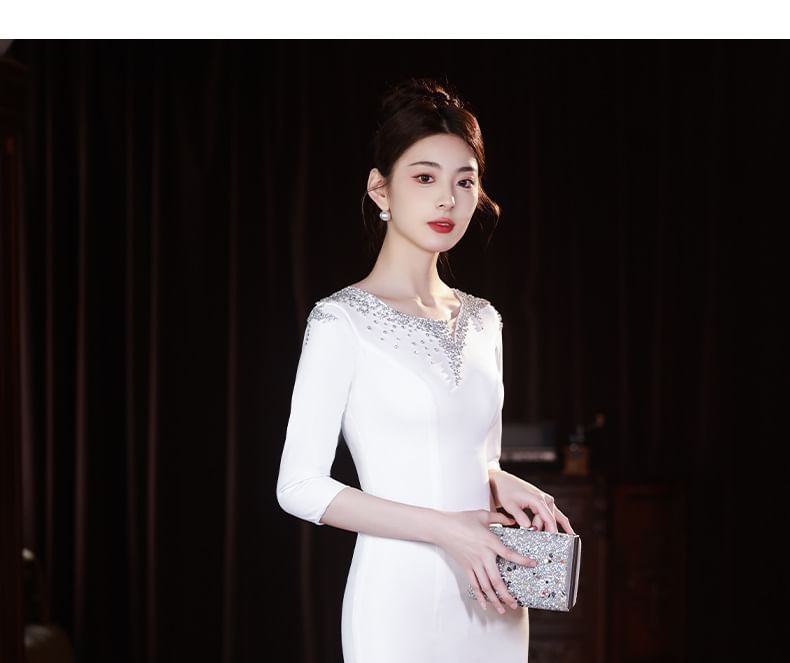 Evening Neck Mermaid Scoop Gown Rhinestone 3/4-Sleeve