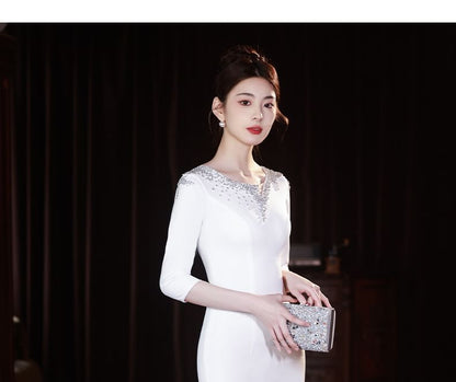 Evening Neck Mermaid Scoop Gown Rhinestone 3/4-Sleeve