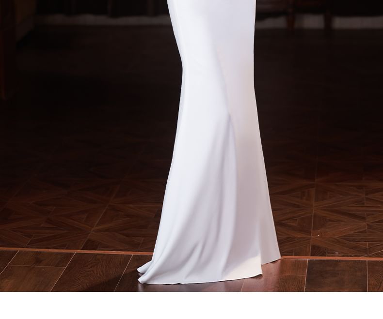 Evening Neck Mermaid Scoop Gown Rhinestone 3/4-Sleeve