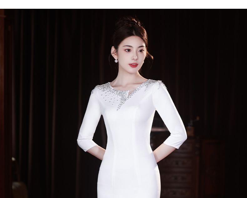 3/4-Sleeve Scoop Neck Rhinestone Mermaid Evening Gown