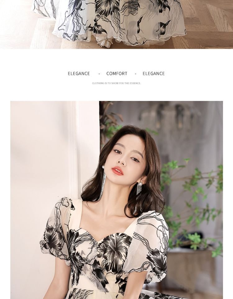 Gown A-Line Floral Short-Sleeve V-Neck Evening