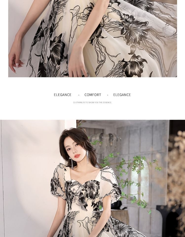 Gown A-Line Floral Short-Sleeve V-Neck Evening