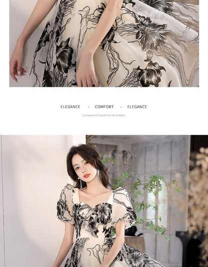 Gown A-Line Floral Short-Sleeve V-Neck Evening