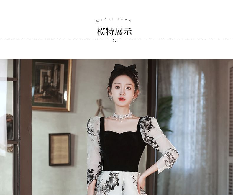 Long-Sleeve Square Neck Floral A-Line Evening Gown