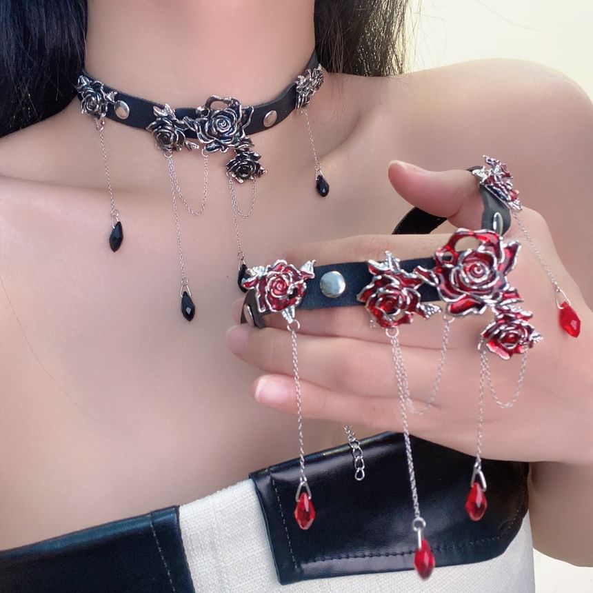 Rose Alloy Faux Leather Choker