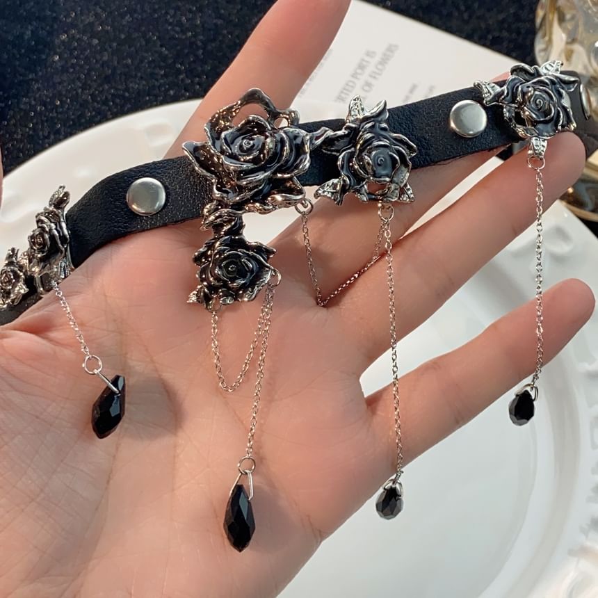 Rose Alloy Faux Leather Choker