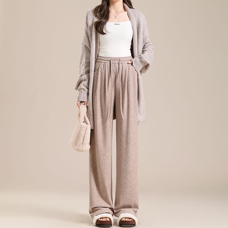 High Waist Plain Drawstring Drape Wide Leg Sweatpants