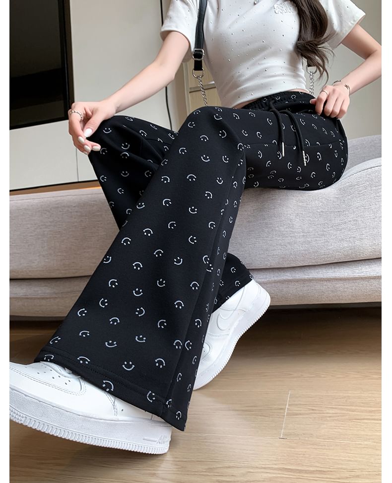 Smiley Print High Waist Drawstring Sheath Flare Sweatpants