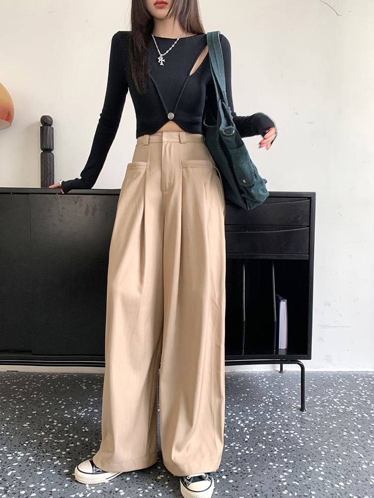 Leg High Wide Pants Pleated Plain Rise Suit