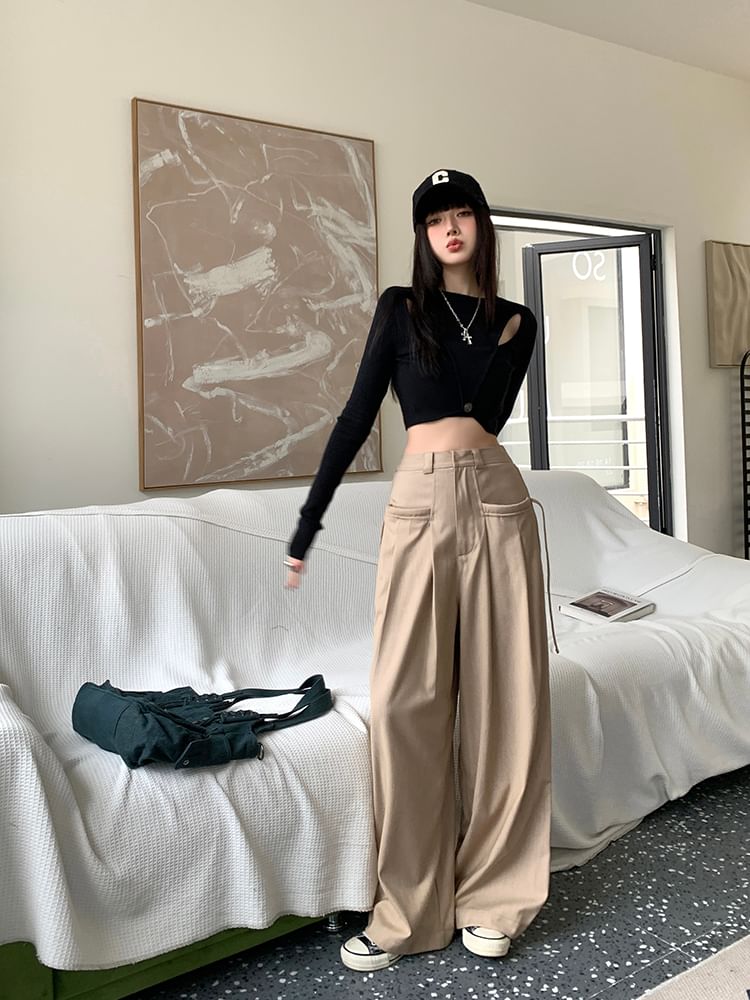 Leg High Wide Pants Pleated Plain Rise Suit