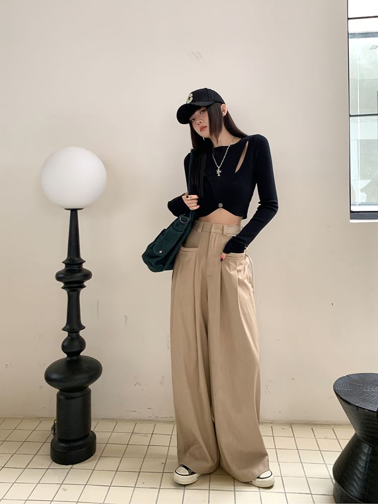 Leg High Wide Pants Pleated Plain Rise Suit