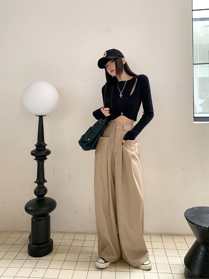 Leg High Wide Pants Pleated Plain Rise Suit
