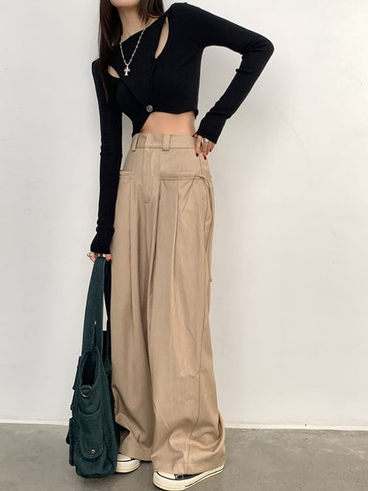 Leg High Wide Pants Pleated Plain Rise Suit