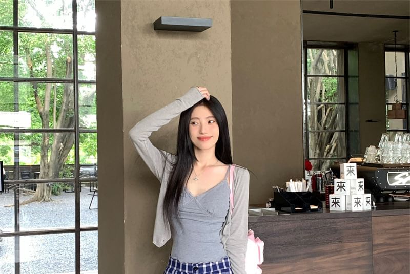 Padded Crop Camisole with Cardigan and Plaid Pants