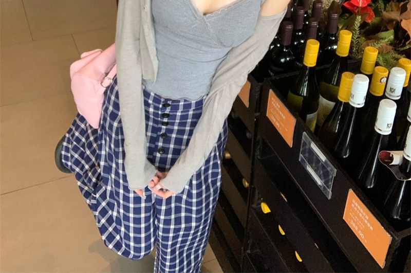 Padded Crop Camisole with Cardigan and Plaid Pants
