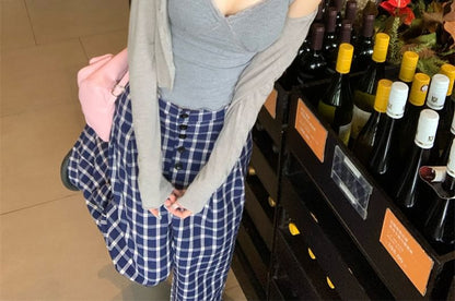 Padded Crop Camisole with Cardigan and Plaid Pants