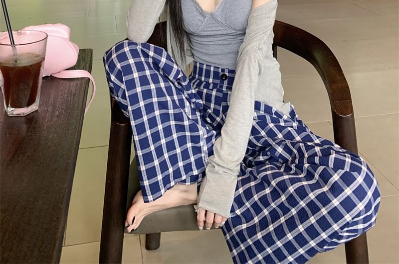 Padded Crop Camisole with Cardigan and Plaid Pants