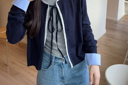 Crew Neck Two Tone Tee with Tie Front Cardigan