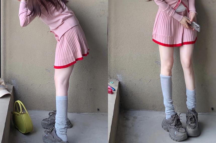V-Neck Contrast Cardigan with Mini A-Line Skirt