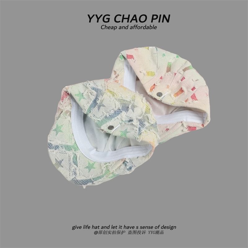 Fringed Distressed Cap Star Denim Print / Trim Newsboy Gradient