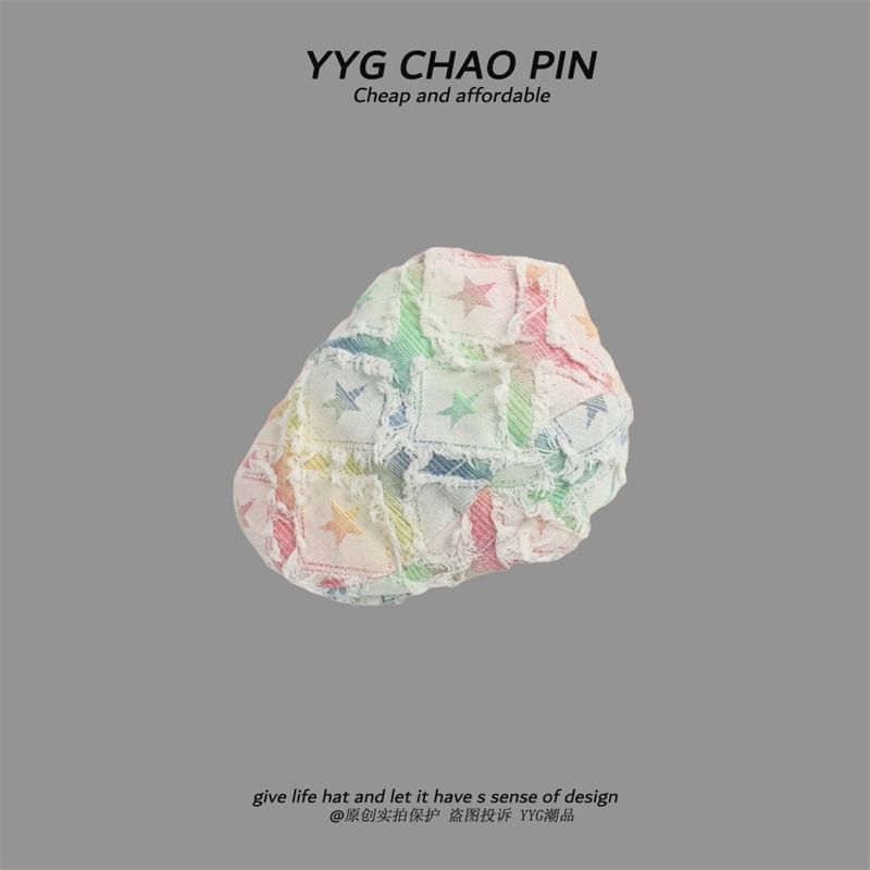 Fringed Distressed Cap Star Denim Print / Trim Newsboy Gradient