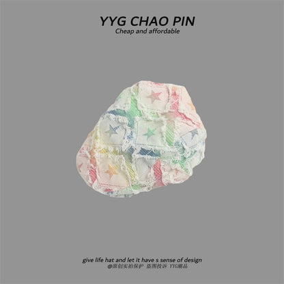 Fringed Distressed Cap Star Denim Print / Trim Newsboy Gradient