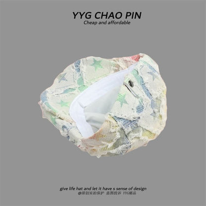 Fringed Distressed Cap Star Denim Print / Trim Newsboy Gradient