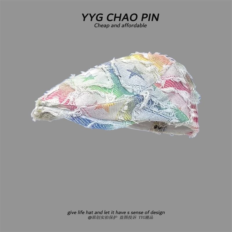 Fringed Distressed Cap Star Denim Print / Trim Newsboy Gradient