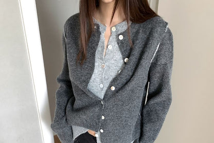 Two-Tone Faux Two-Piece Knit Cardigan