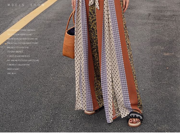 High Waist Patterned Print Slit Tie-Up Wide Leg Pants