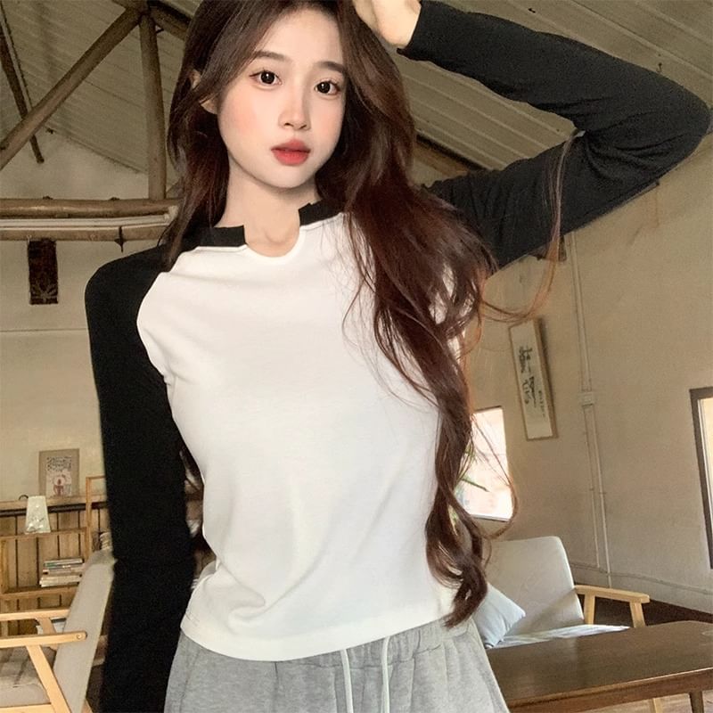 Long-Sleeve Notch Neck Raglan T-Shirt