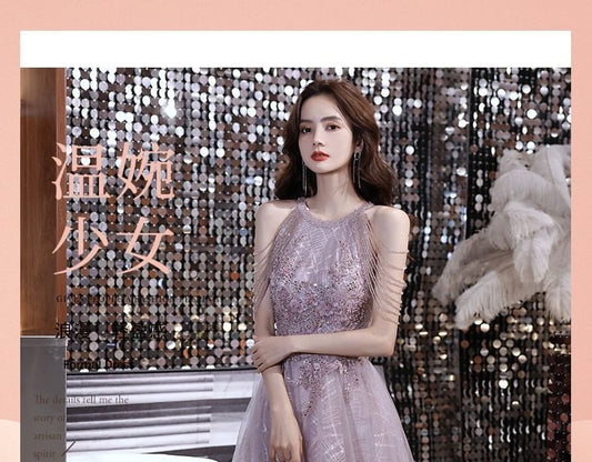 Sleeveless Open Back Sequin Mesh A-Line Evening Gown