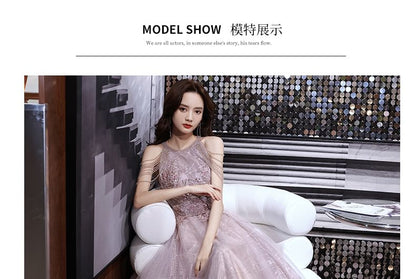 Open Back Sleeveless Sequin Mesh Gown A-Line Evening