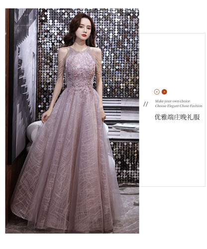 Open Back Sleeveless Sequin Mesh Gown A-Line Evening