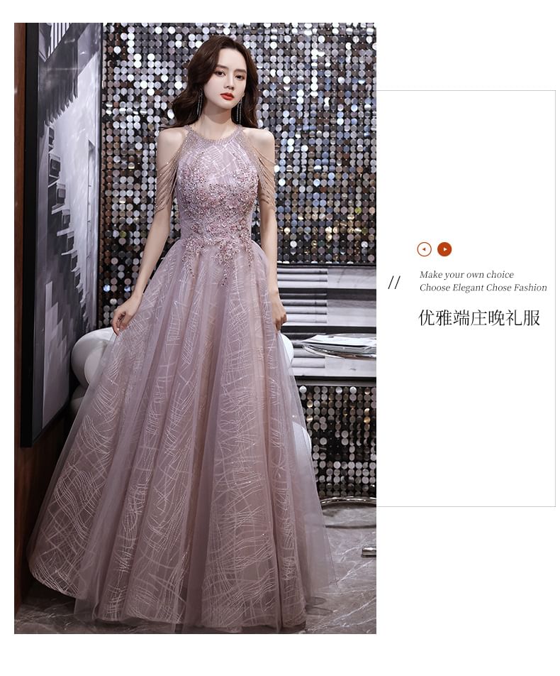 Sleeveless Open Back Sequin Mesh A-Line Evening Gown